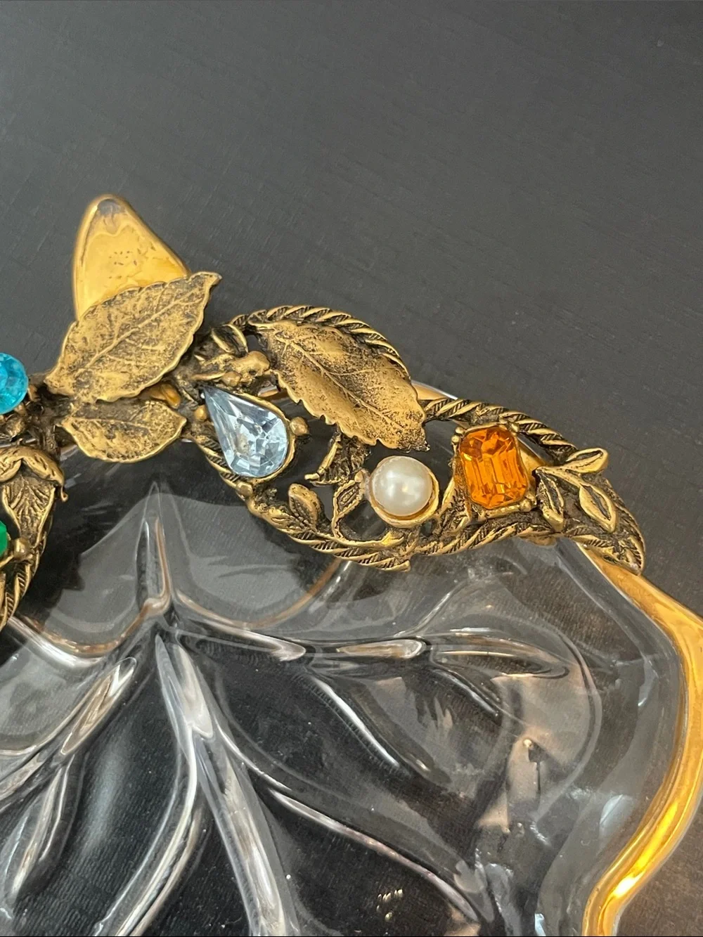 Vintage Glass Leaf Trinket Dish with Gold-Tone Jeweled Trim and Gold Rim
